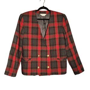 Vintage Women's Old Money Preppy Academia Double Breasted Plaid Blazer Red Green